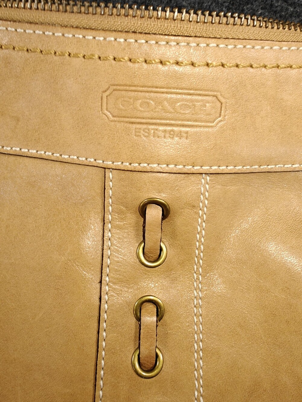 Coach Beige Leather Shoulder Bag with Brass Hardware